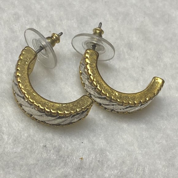 Silver Gold Tone Earrings Vintage Moon Half Circle Rope Edge Accent Pierced Stud - Picture 16 of 16